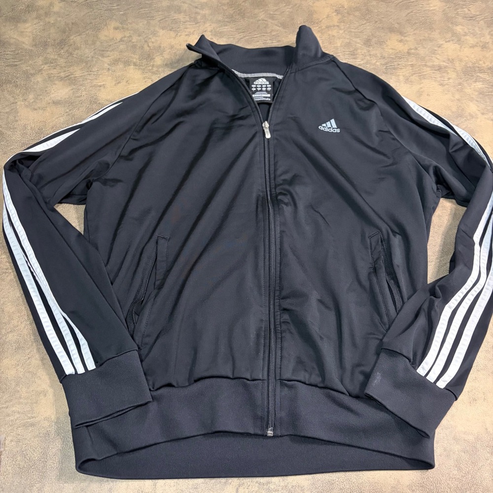 Adidas Track Jacket Mens L Black Clima365 Full Zip 3 Stripe Athletic 8467